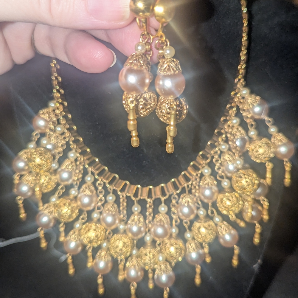 Vintage Coro Blush Pink Pearl Fringe Necklace & Earrings Mid-Century Book Chain